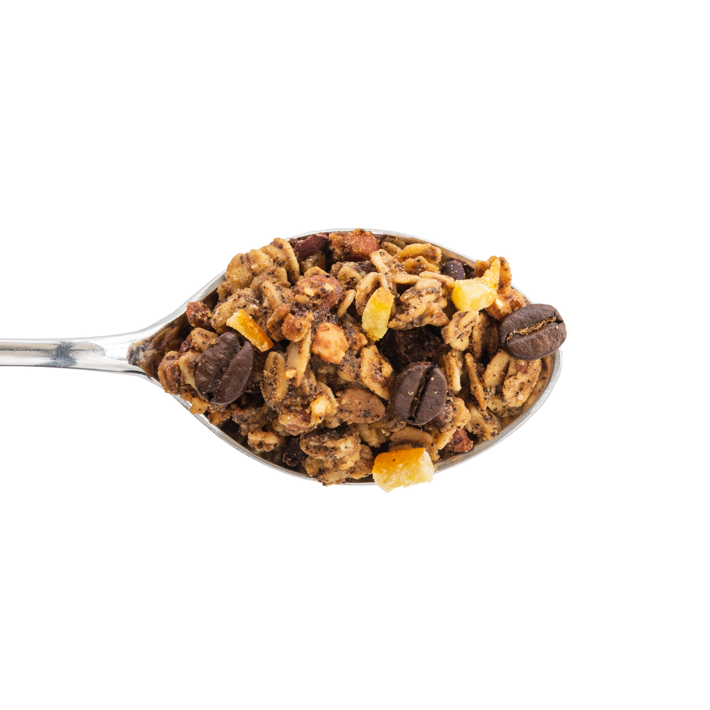 コーヒー味のオーガニックグラノーラ。コーヒー豆とオレンジが入っています。